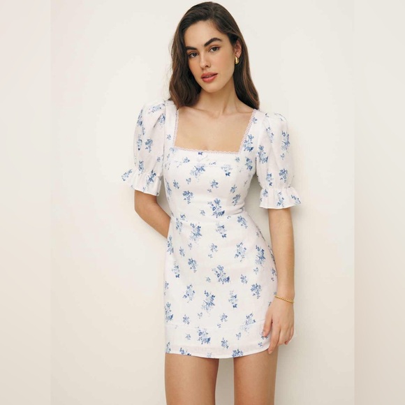 Reformation Dresses & Skirts - Reformation Evianna Linen Dress White and Blue Floral Mini Dress